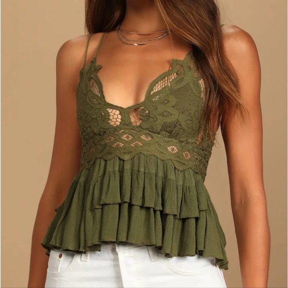 Free People Tops - Free People Adella Cami Olive Green Lace Ruffled Tank Top NWT